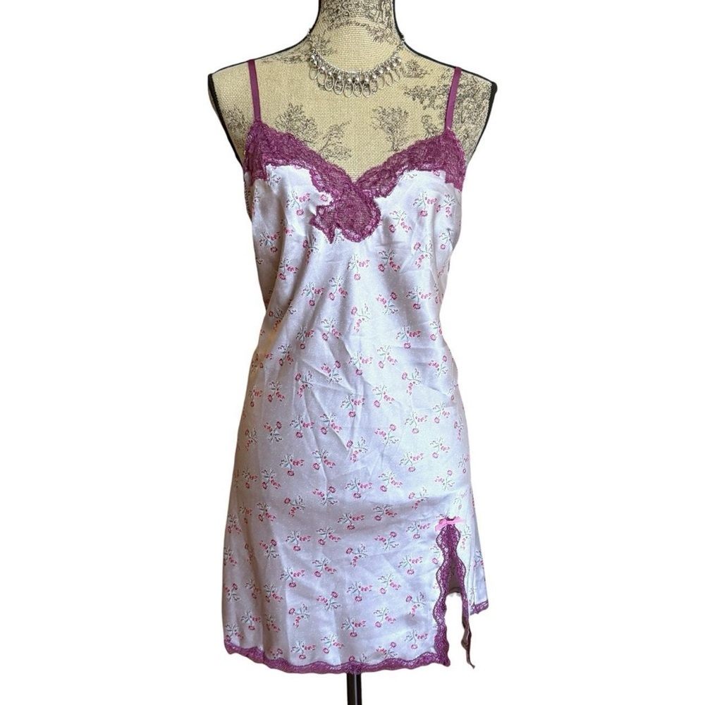 Victoria’s Secret Lilac Floral Satin Slip Dress with Purple Lace Trim Size L